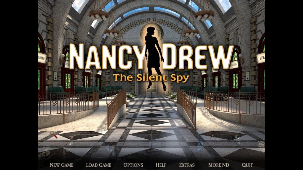Image is the home screen for Nancy Drew The Silent Spy. It shows a background of a train station. The logo to the game is front and center with a black woman silhouette in the middle. 