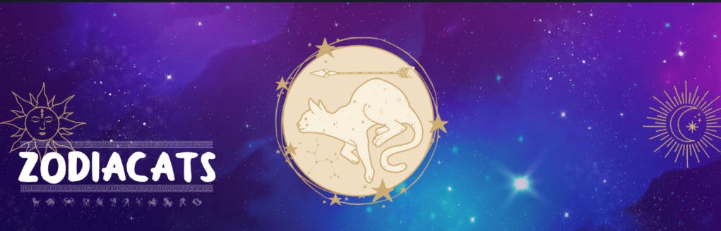 Image is a game for Zodiacts. It shows a galaxy background with a sun on the left and the moon on the right. In the middle, it looks like a medallion with a cat running in it. 