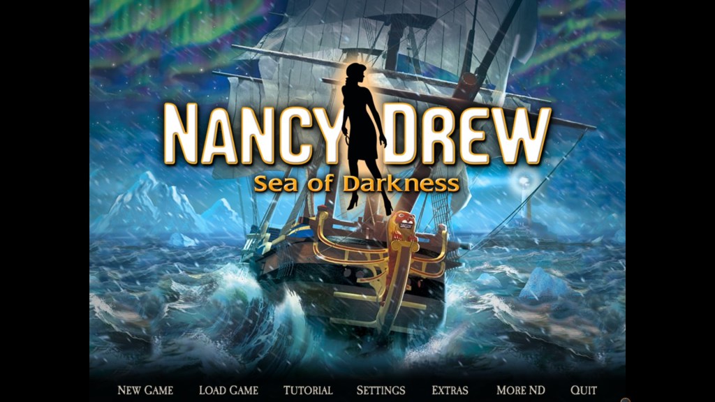 Image is a photo of the main title screen of a video game. The video game is Nancy Drew Sea of Darkness. The game's background shows a ship coursing through rough waves. In the background are several glaciers and the Northern Lights are shown in the sky. 
