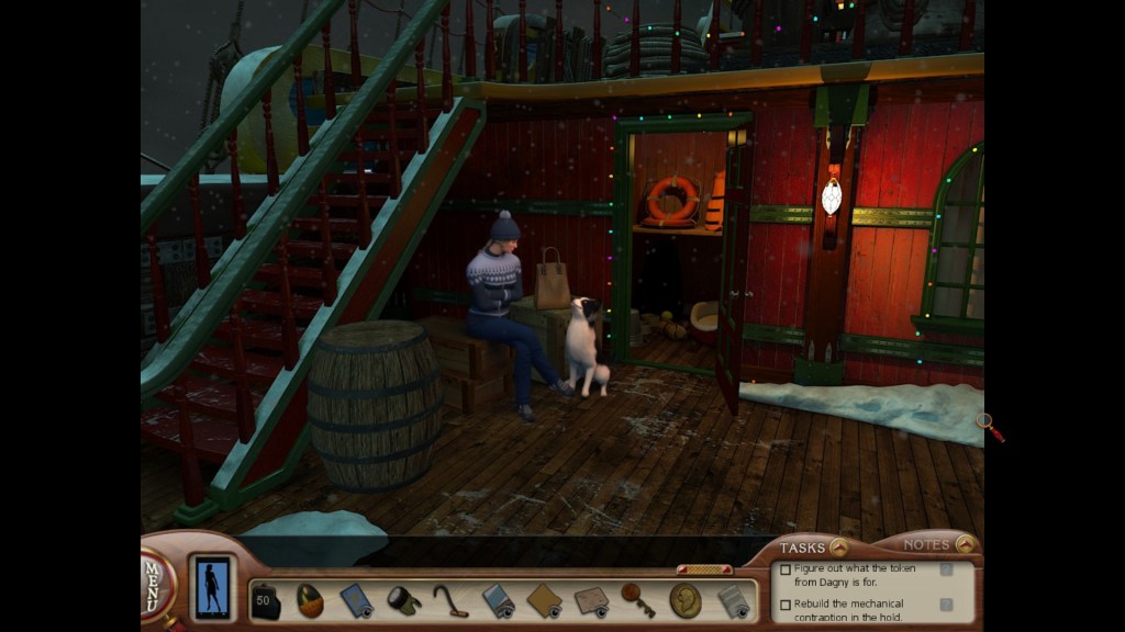 Image is a picture of a woman staring at a dog. The dog looks happy. She crosses her arms and looks a little annoyed. It's clear that both are on a ship. 