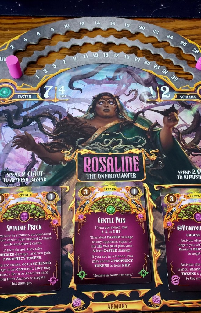 Image is a character board. It shows a woman summoning planets, her eyes are glowing white. The board says "Rosaline The Oneiromancer"