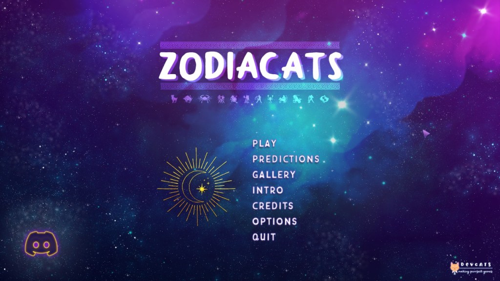 Image is a screenshot of Zodiacats. It shows a galaxy background with a sun / moon next to the menu options