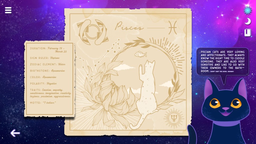 Image is a picture of a scroll with PIsces on it. It shows a cat with it's back to us trying to touch a fish. There's a cat on the right with a fact bubble above it. On the left, it lists some facts about Pisces. 