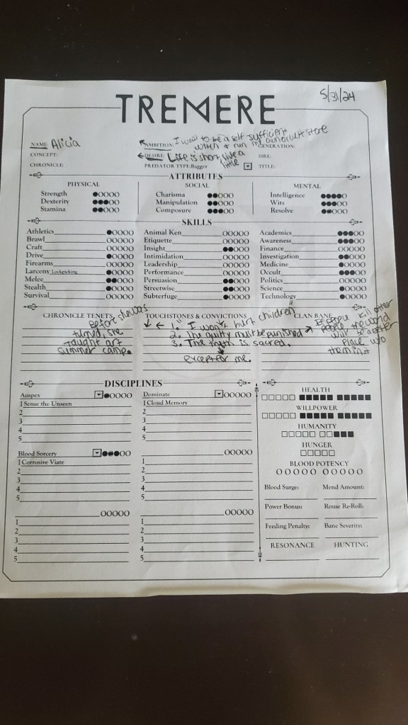 Image is a bird's eye view of a character sheet. At the top it says Tremere in fancy letters. It lists my name, ambitions, desires, and all her abilities.