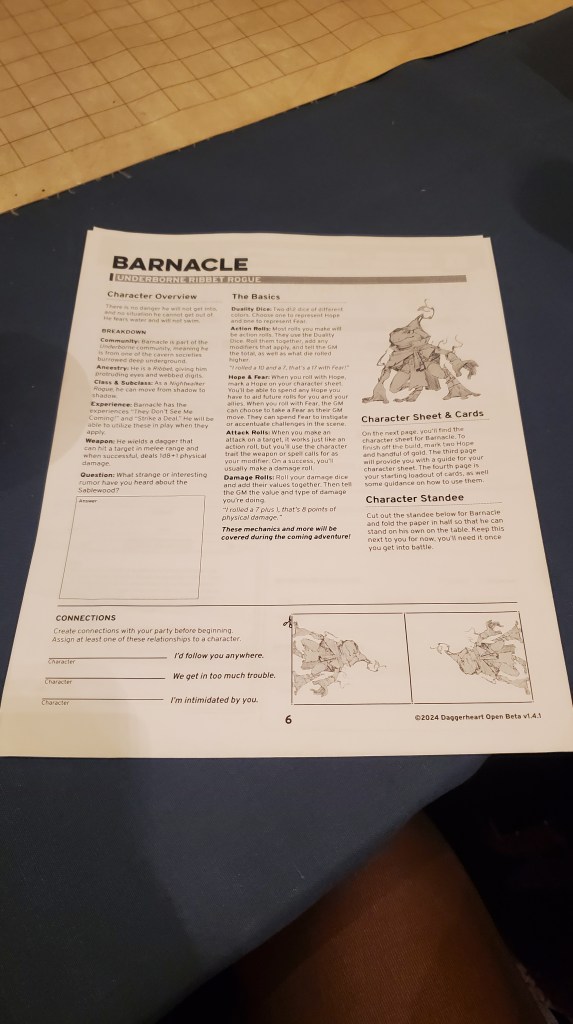 Daggerheart character sheet. It shows a Barnacle, a Ribbet Rogue. It's basically a sneaky frog.