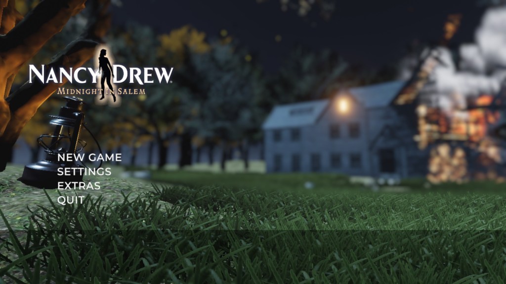 Image is the main title screen for Nancy Drew Midnight in Salem. It shows a house with part of it burning and it's blurred. To the top left, it has the Nancy Drew logo