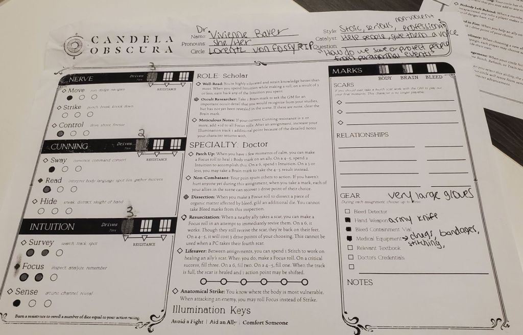 Image is a character sheet. At the top left it says "Candela Obscura" with a magical compass looking thing. At the top it says, Dr. Vivienne Baker. It has her skills in the column on the left and on the right it shows her gear, scars and relationships. 