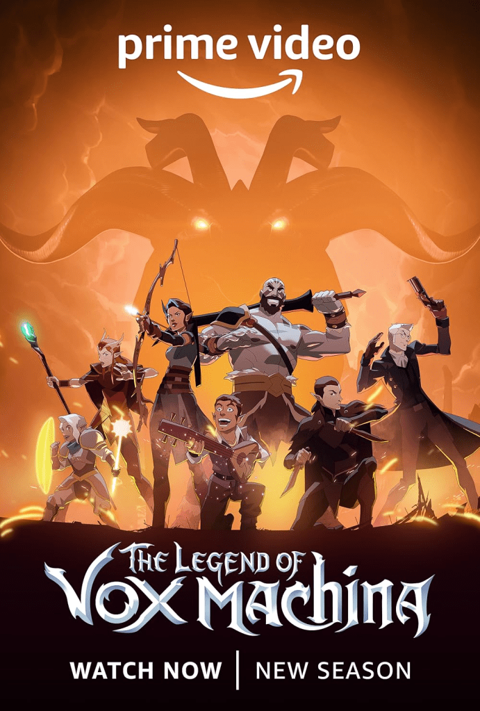 Image is a promo image for The Legend of Vox Machina. It shows all teh members of Vox Machina ready to charge into battle with an evil dragon shadow over them. 