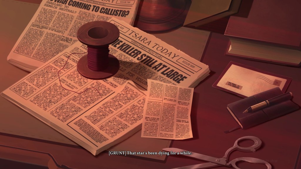 Image is a newspaper with the title headline "Killer Still At Large". There's font below that says "That star's being dying for a while". Image taken by me. 