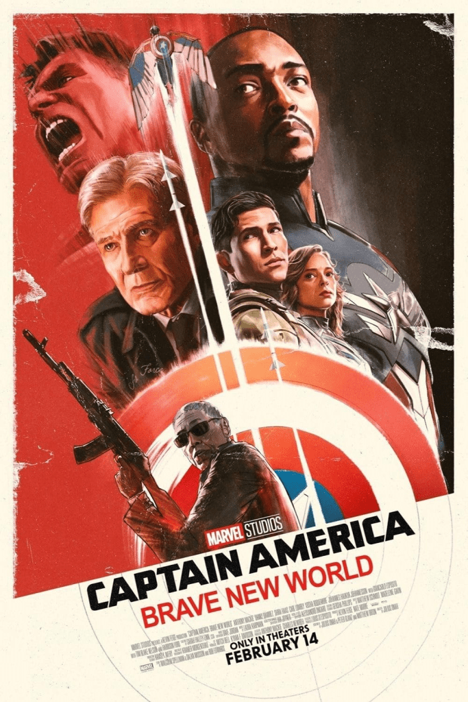 Image is a movie poster for Captain America Brave New World. It shows the Captain America shield with Harrison Ford, Anthony Mackie positioned on opposite sides of the poster. 