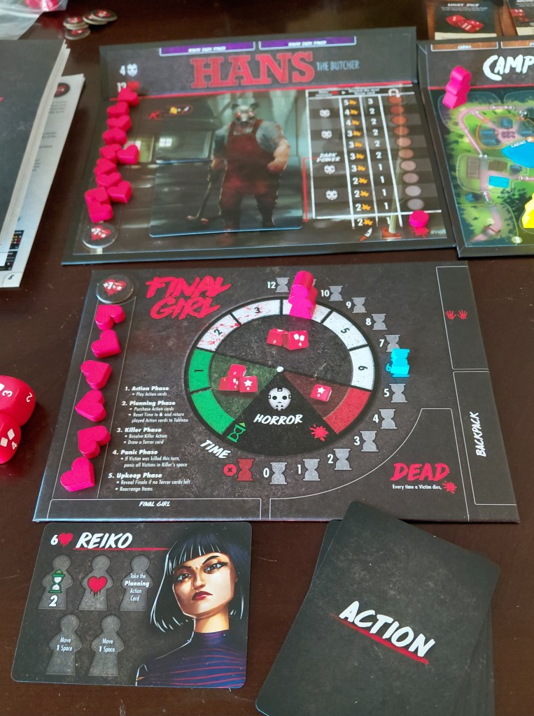 Image shows three game pieces. The first is Hans, the killer. He's wearing a red apron and he's carrying a mallet in his right hand. It shows his health as heart components. The middle board is the Horror board. In each section are dice. The horror level shows how many dice the player can roll at a time. The bottom is Reiko's card and it shows her picture on the right. On the left is five bodies with various benefits if they are filled 