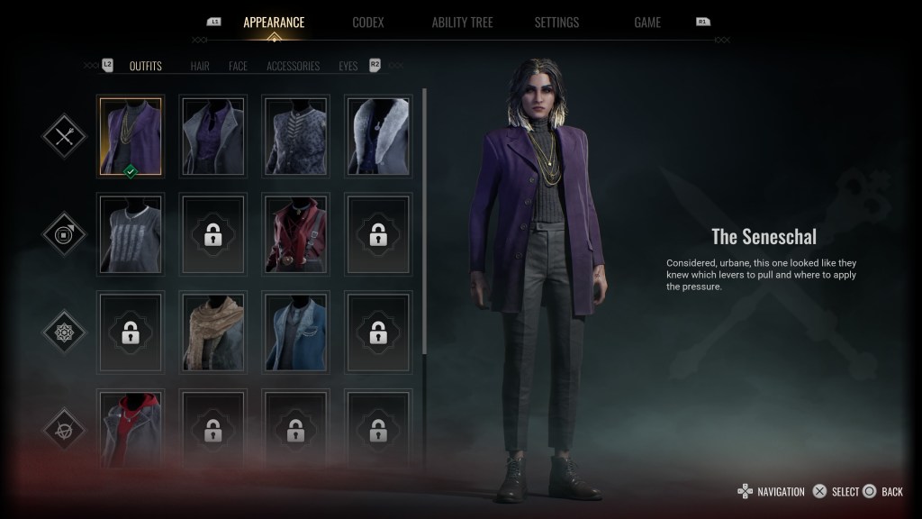 Image shows the game options for Vampire: The Masquerade Bloodlines 2. There are five tabs at the top - Apperance, Codex, Ability Tree, Settings, and Game.
This screenshot is the Appearance tab. Off to the right is Phyre. She is in the "The Seneschal" outfit. It's a dark purple blazer, black turtleneck, black jeans and black ankle boots.