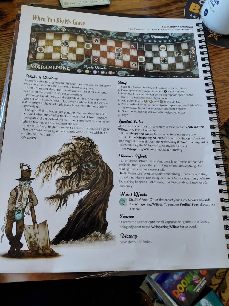 Image is a page from a spiral bound book. It's a scenario for "When You Dig My Grave" At the bottom left is art work describing the two ghosts. An old man with glowing blue eyes, beard, and he's holding a shovel. Beside him is a tree, glowing blue eyes and the tree looks sad or haunted. 