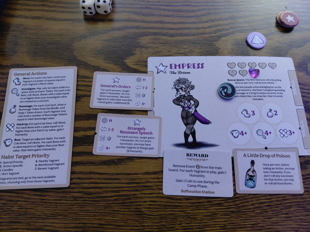 Image is a photo of a character card. The character card says Empress in purple old fashioned font. It shows a cartoon woman who looks like an army general. She's pulling at a purple sword on her left side. To the right, it has 8 hearts representing her health. There are two skill cards, a reward, and an item called "A Little Drop of Poison" which has a poison bottle with a black skull on it. 