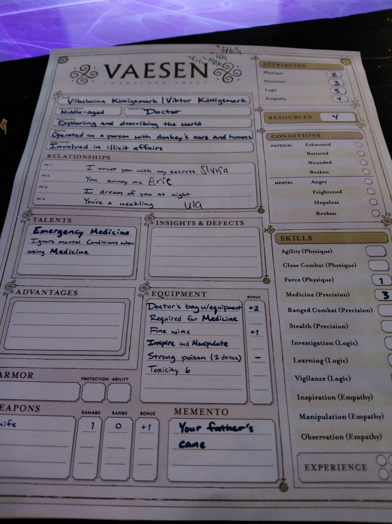 Image is a photo of a character sheet for the table top roleplaying game called Vaesen. It shows the name, Vilhelmina. She's a Doctor. There are other things written in blue ink including stats. Off to the right it says Attributes. It's listed as such: 

Physique - 2
Precision - 3
Logic - 5
Empathy -  4 
Resources - 4 