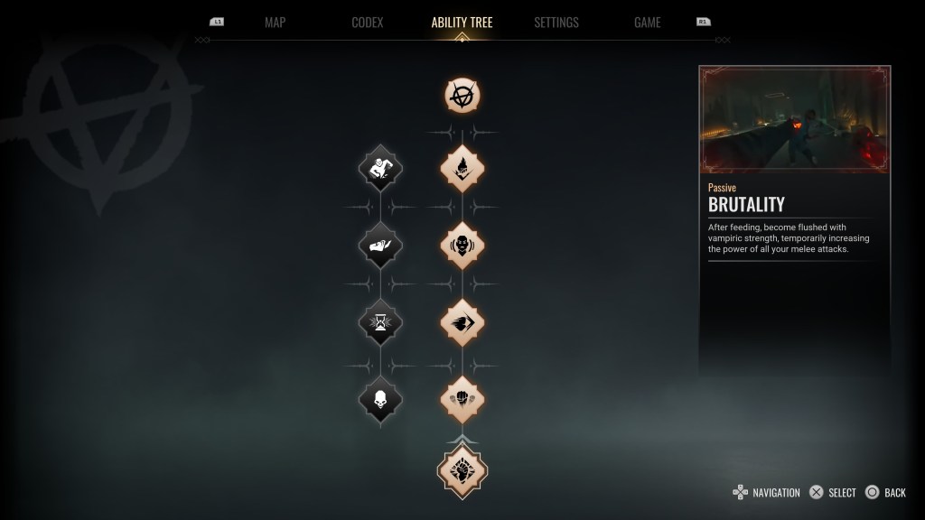 Image is a screenshot from the game, Vampire: The Masquerade Bloodlines 2 - Loose Cannon. The screenshot is a game menu. At the top it has L1 and on the right it has R1. In between those, it says Map - Codex - Ability Tree - Settings - Game. The toggle, Ability Tree is selected. Below that it shows six different images highlighted in gold. From top to bottom, it shows a logo of a circle with an upside down triangle with a slash through it. The second logo looks like a campfire. The third logo is someone's face with (( )) around the face. The fourth logo shows someone pushing something. The fifth logo is difficult to make out. The final logo shows a fist punching up. 